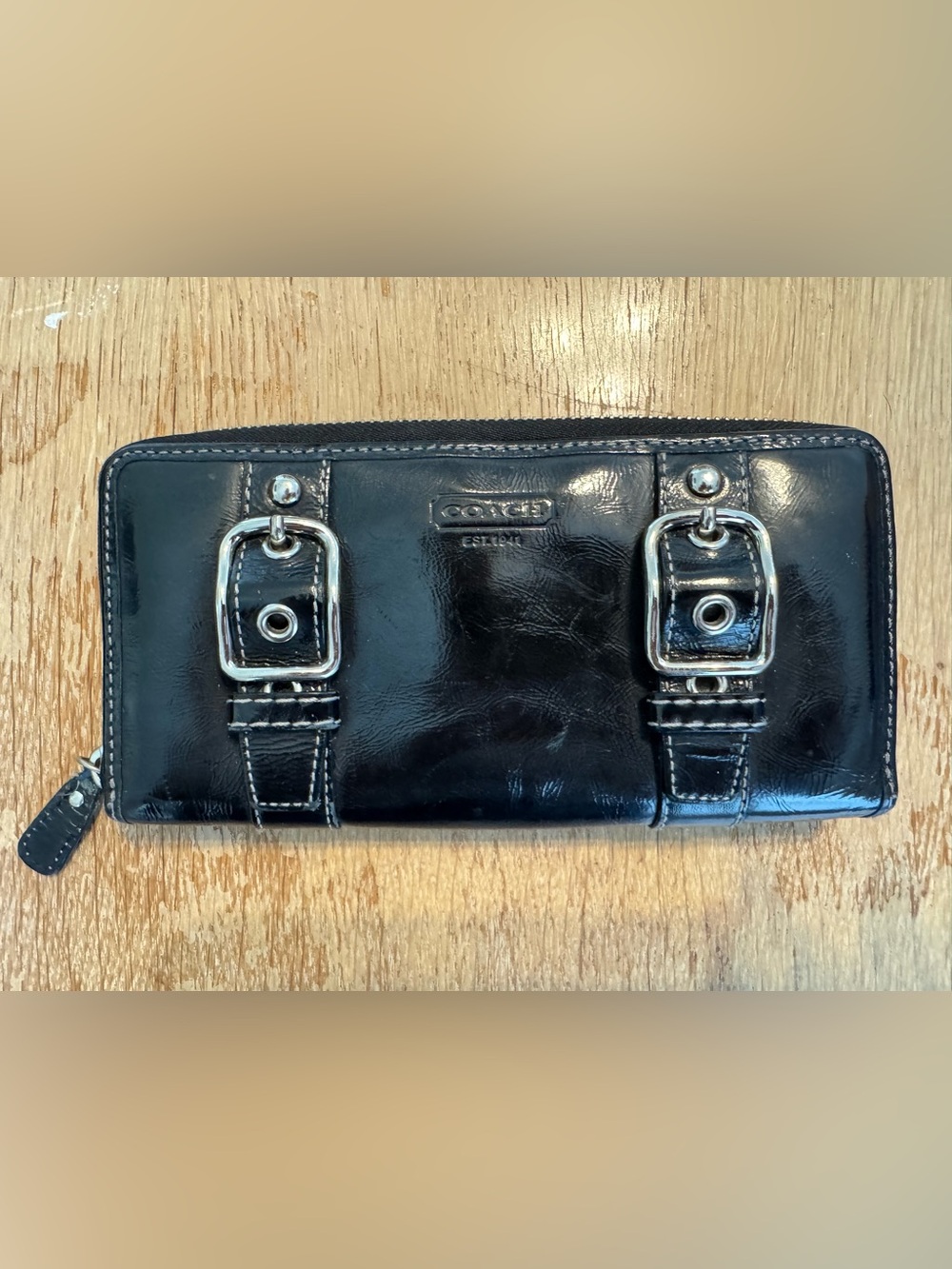 Coach Black Patent Leather Zip Wallet with Stud and Buckle Details